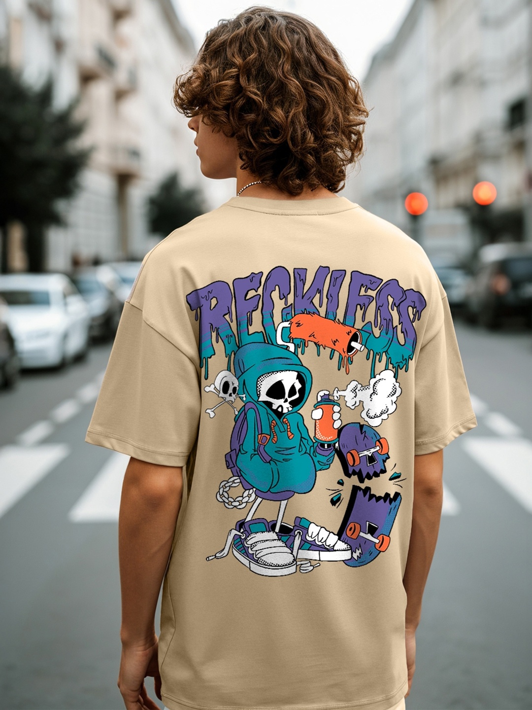 

Bewakoof Typography Printed Drop-Shoulder Cotton Oversized T-shirt, Beige