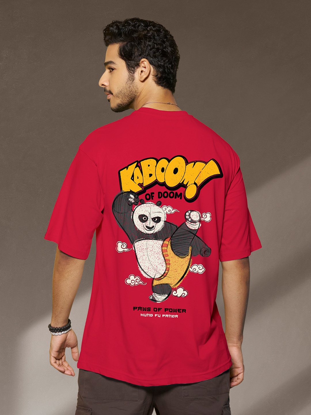 

Bewakoof Kung Fu Panda Printed Drop-Shoulder Cotton Oversized T-shirt, Red