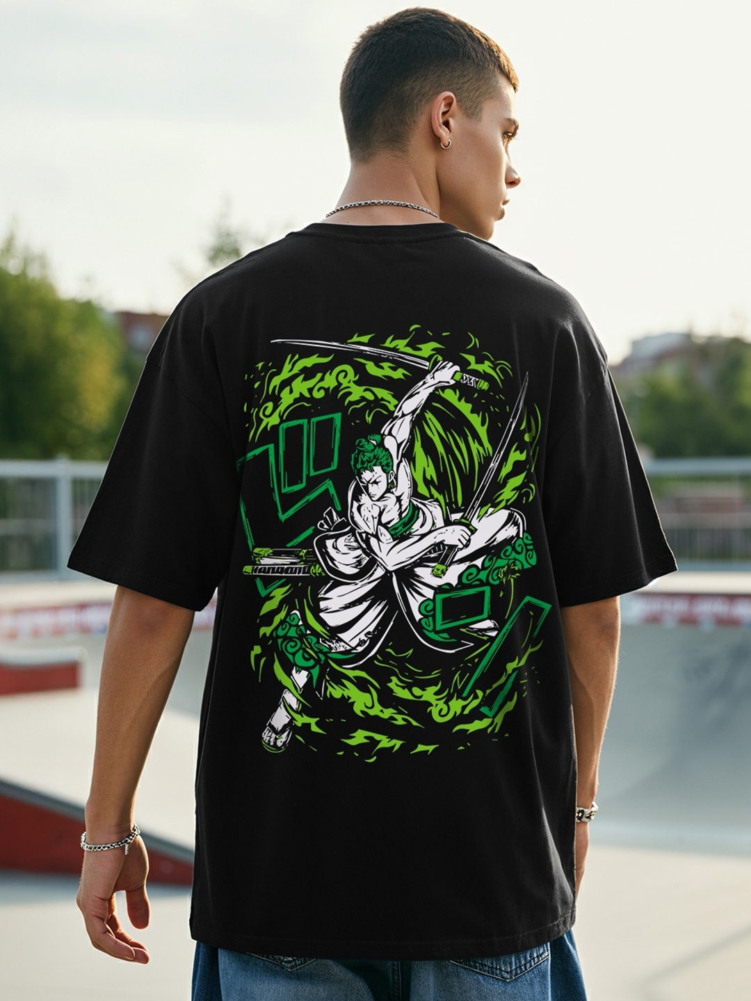 

Bewakoof Black Pirate Hunter Zoro Graphic Printed Oversized Fit Cotton T-shirt