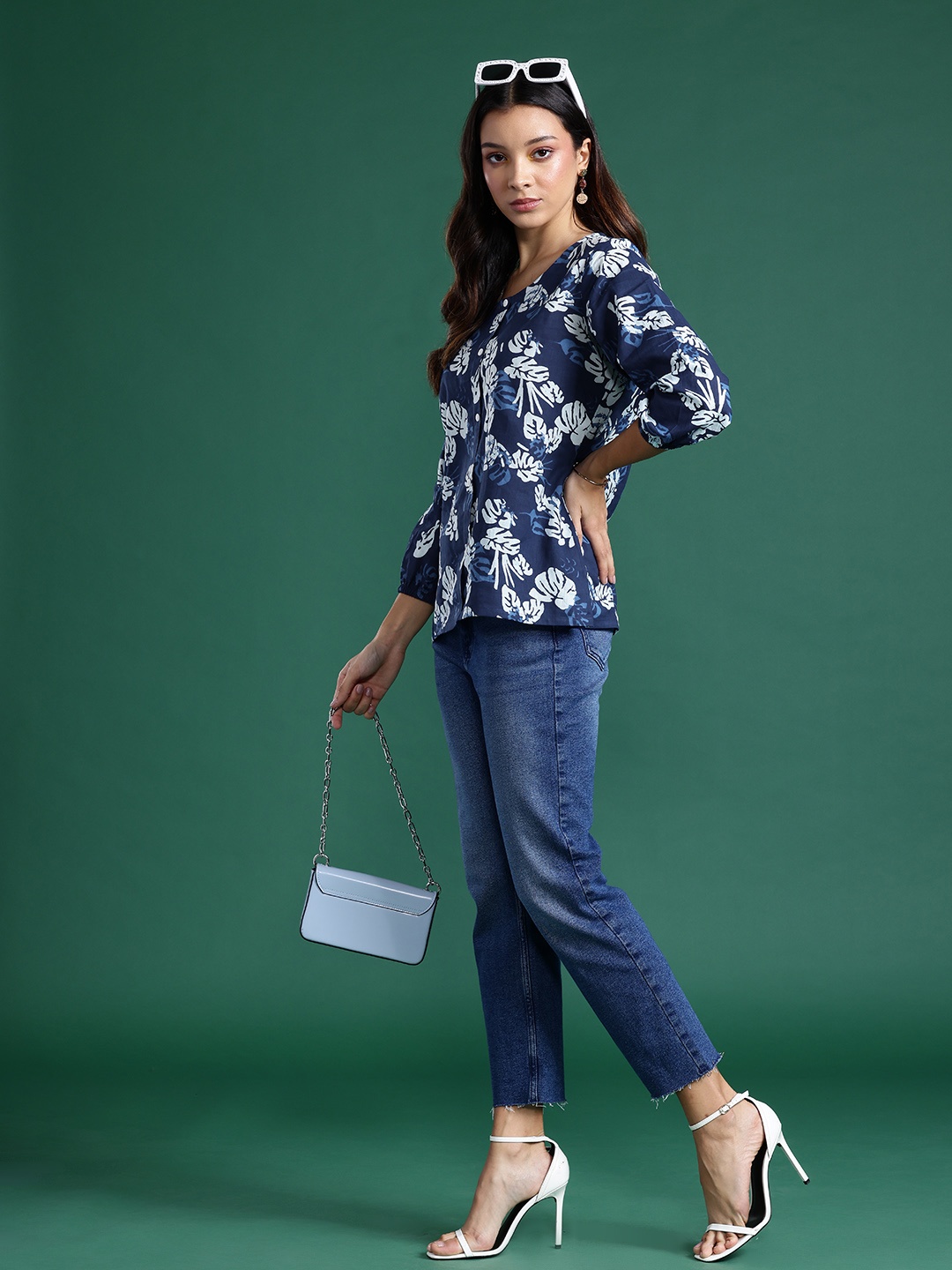 

DressBerry Floral Printed Puff Sleeve Top, Blue