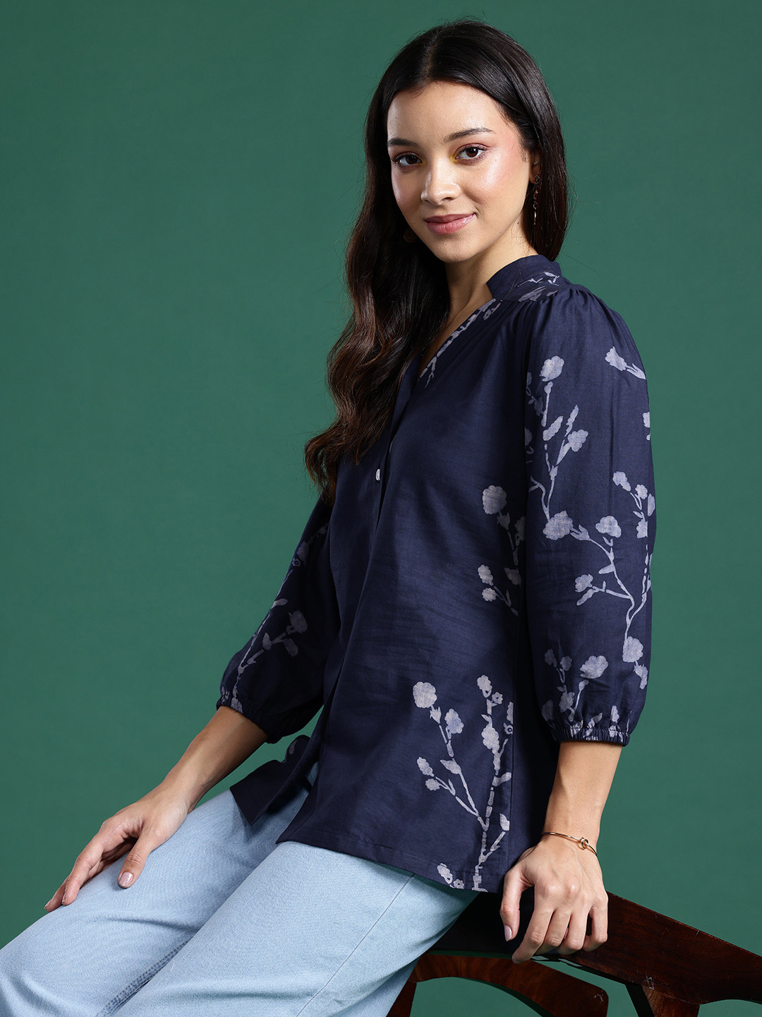 

DressBerry Floral Printed Mandarin Collar Gathered Puff Sleeve Top, Navy blue