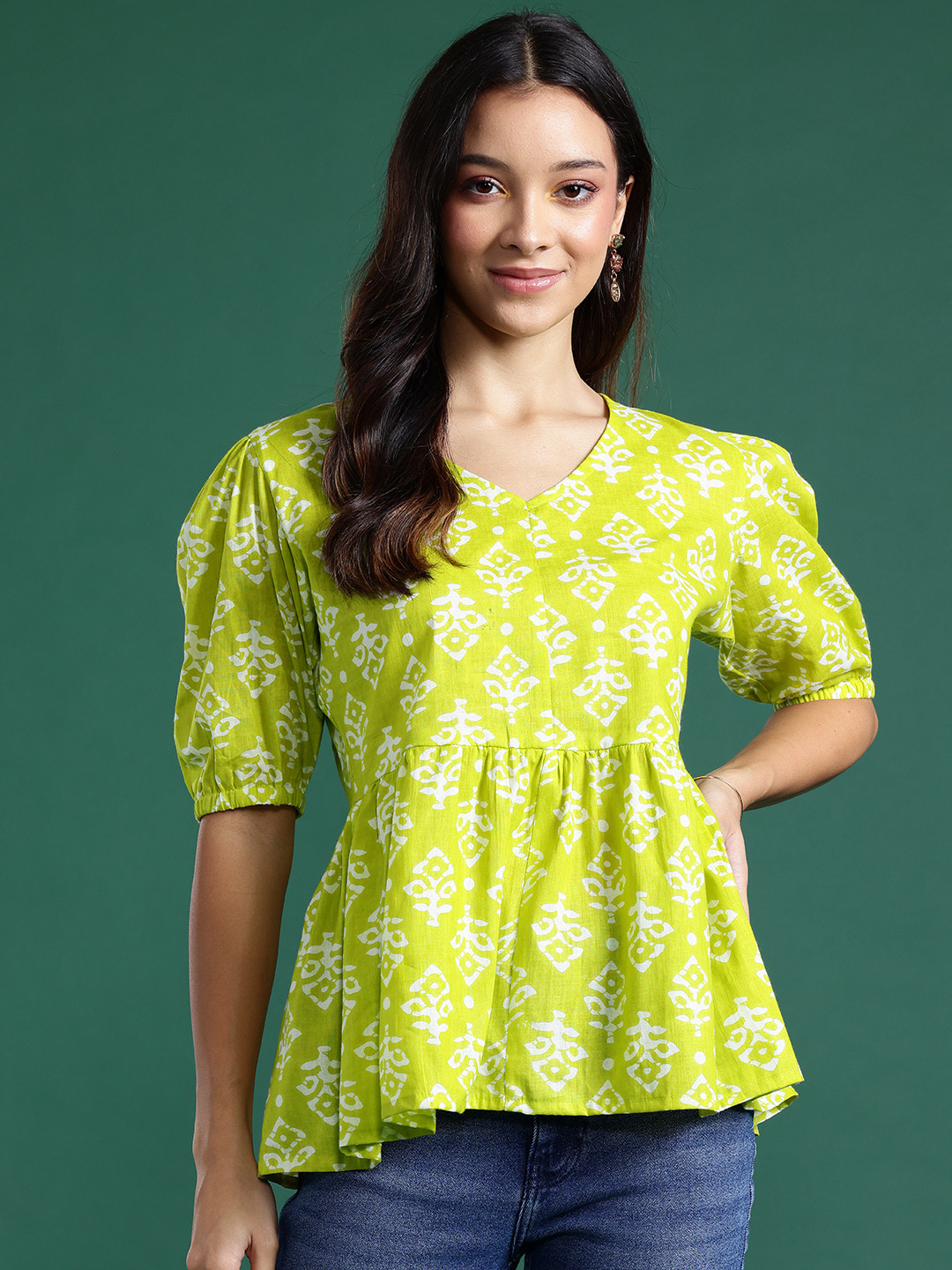 

DressBerry Ethnic Motifs Printed Gathered Puff Sleeve Top, Green