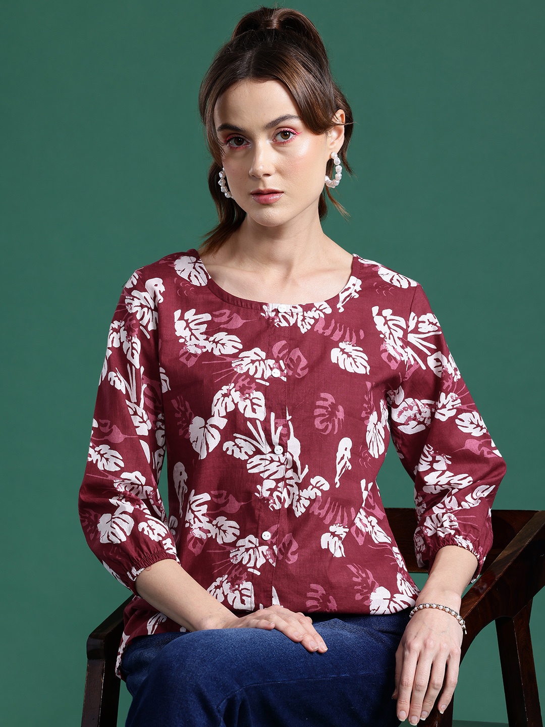 

DressBerry Floral Printed Puff Sleeve Top, Burgundy