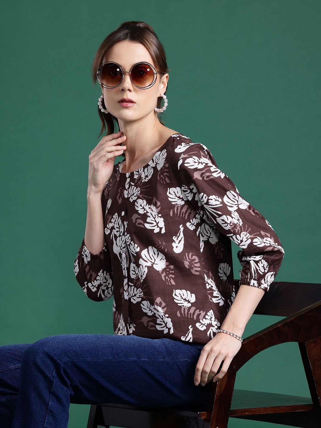 

DressBerry Floral Printed Puff Sleeve Top, Brown