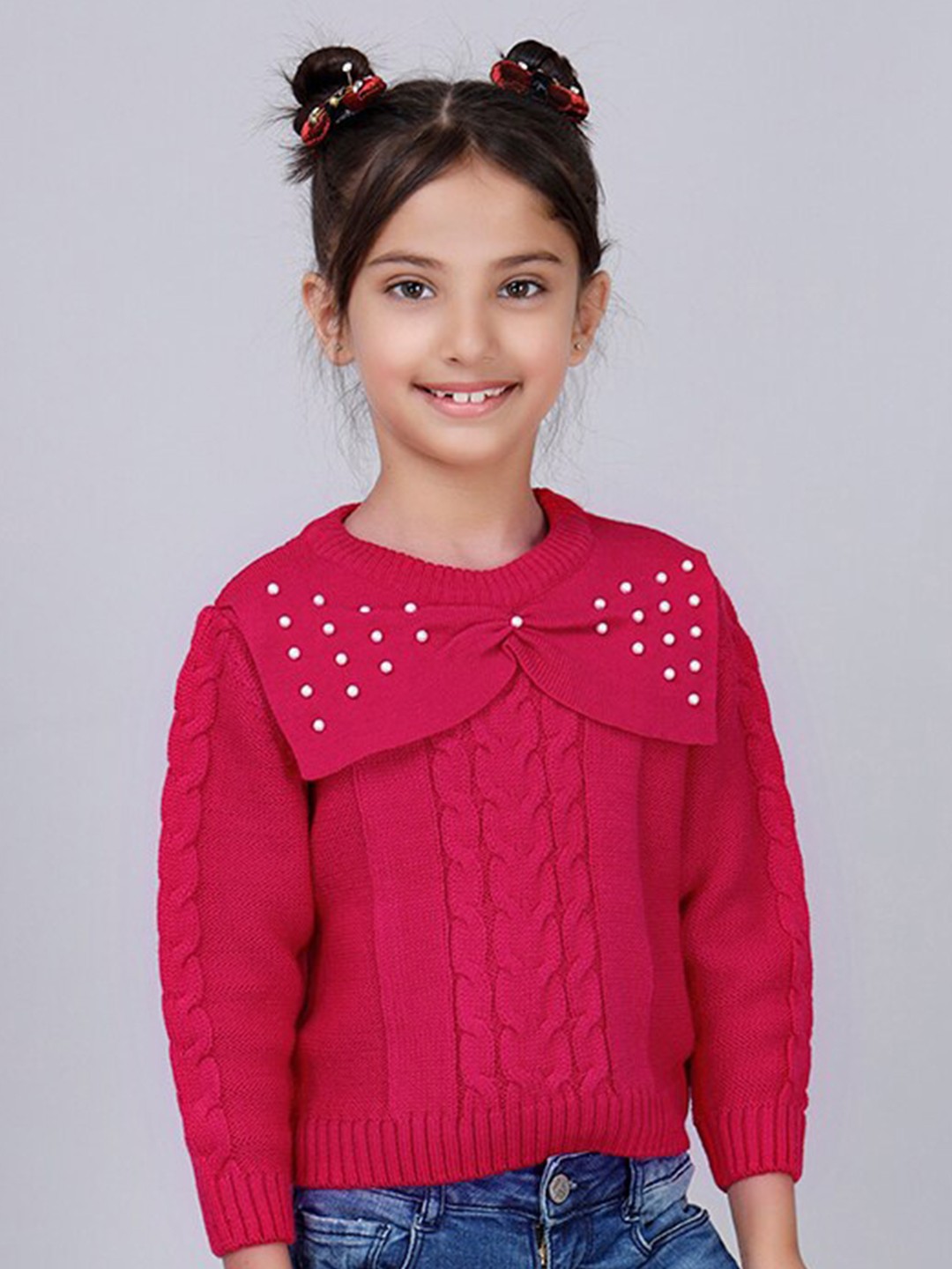 

JoE Hazel Girls Self Design Cable Knit Long Sleeves Acrylic Pullover Sweater, Pink