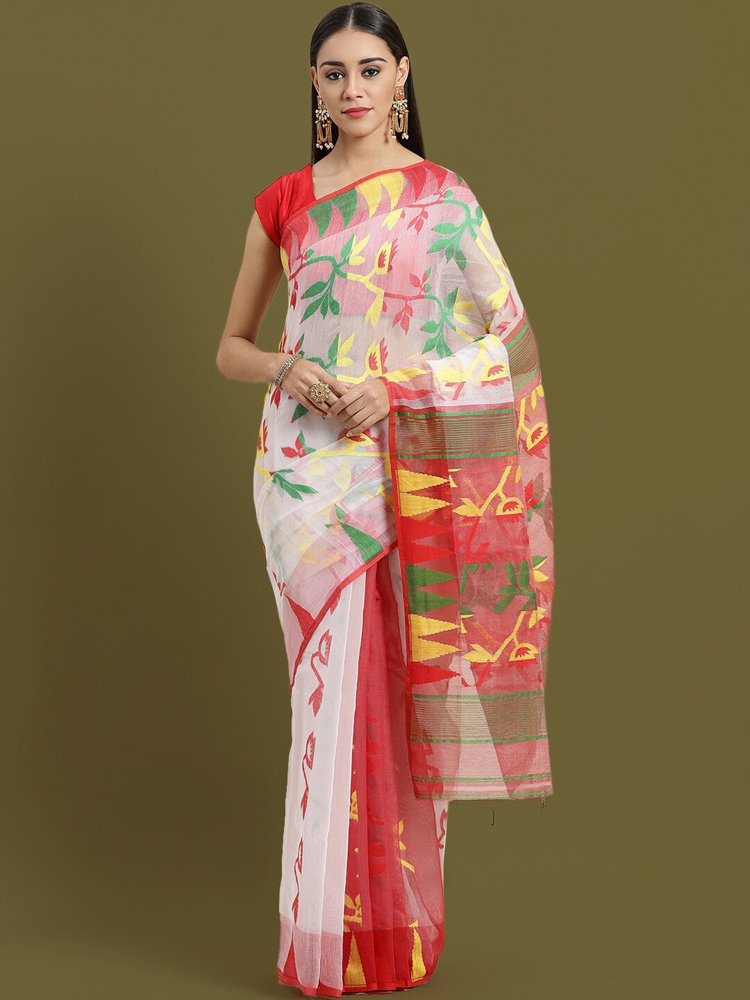 

HOUSE OF ARLI Floral Woven Design Pure Cotton Jamdani Saree, White