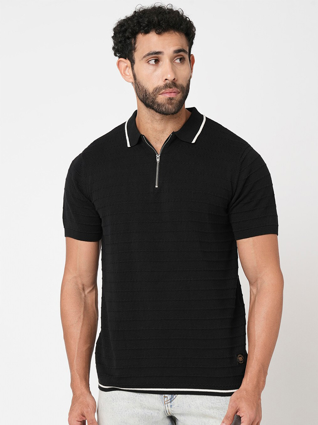 

Blue Buddha Polo Collar Zip Closure Cotton T-Shirt, Black