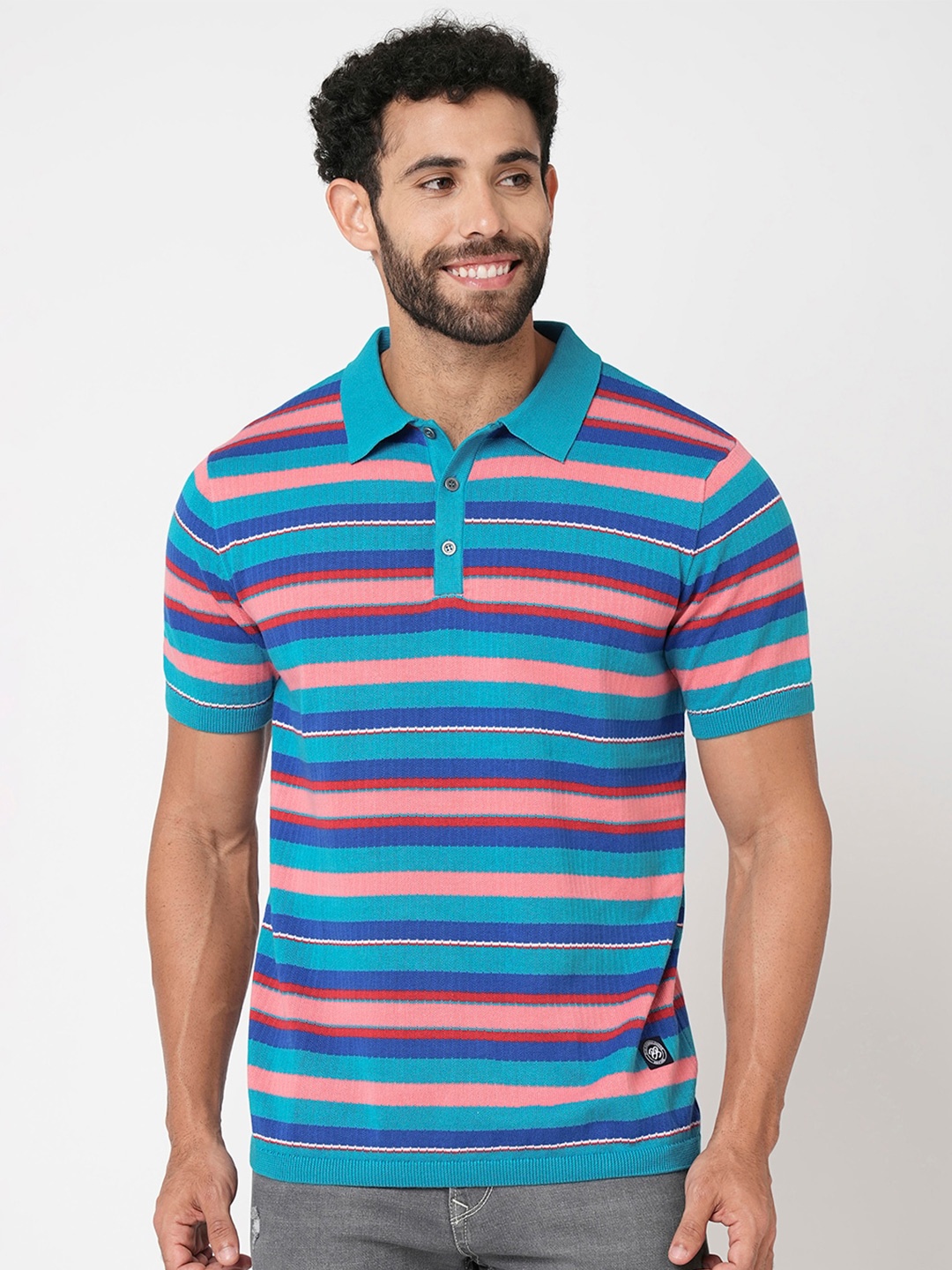 

Blue Buddha Striped Polo Collar Cotton T-shirt