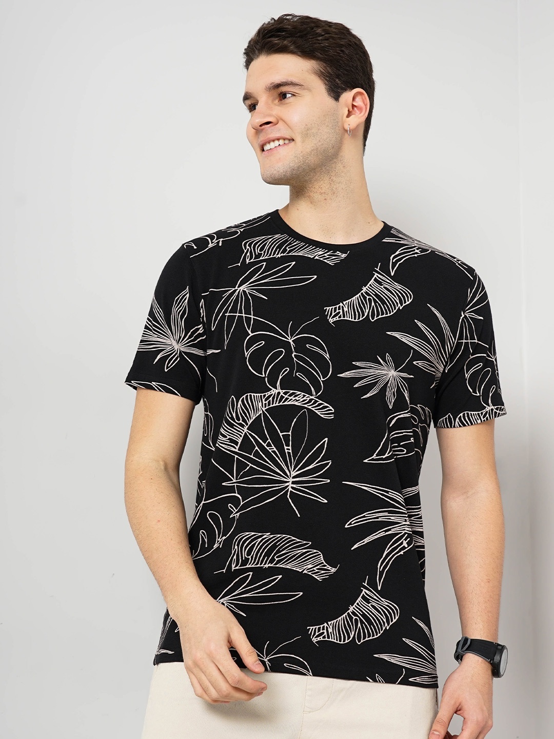 

Celio Floral Printed Regular Fit Cotton T-shirt, Black