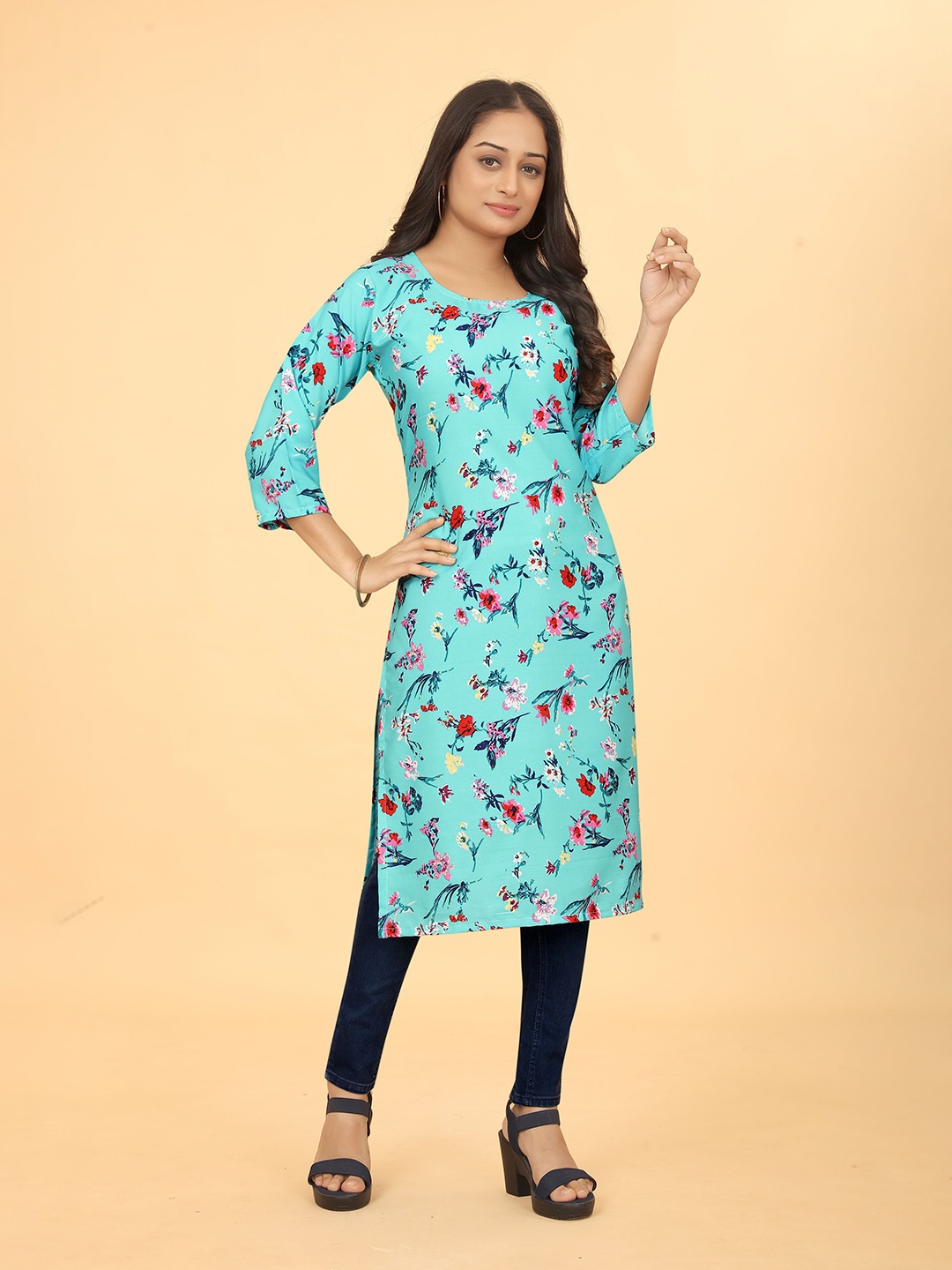 

SWORNOF Floral Printed Kurta, Blue