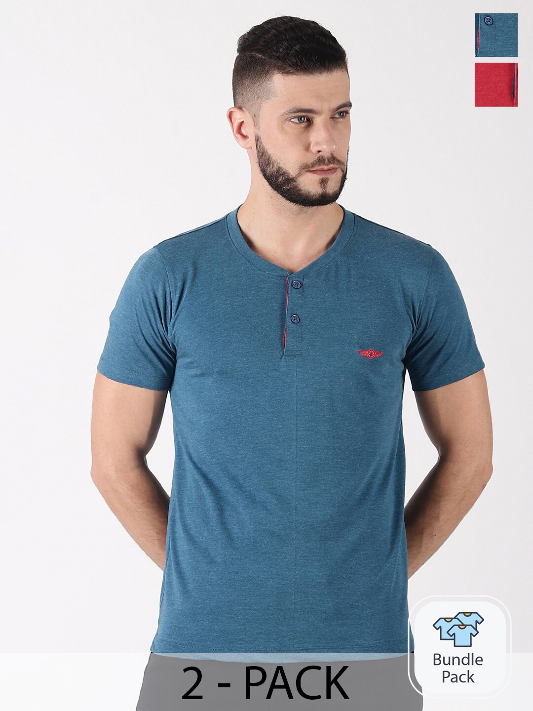 

Force NXT Men Solid Pack of 2 Super Combed Cotton Henley T-Shirt, Teal