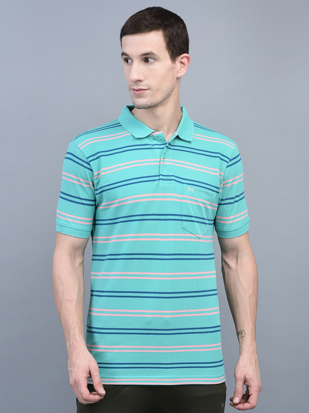 

Force NXT Men Striped Super Combed Cotton Polo T-shirt, Blue