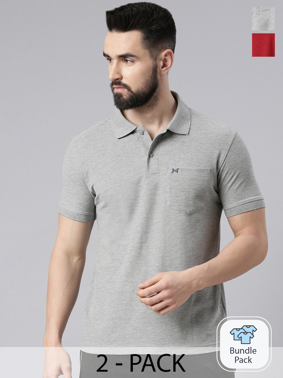 

Force NXT Pack of 2 Super Combed Cotton Polo T-Shirt, Grey melange