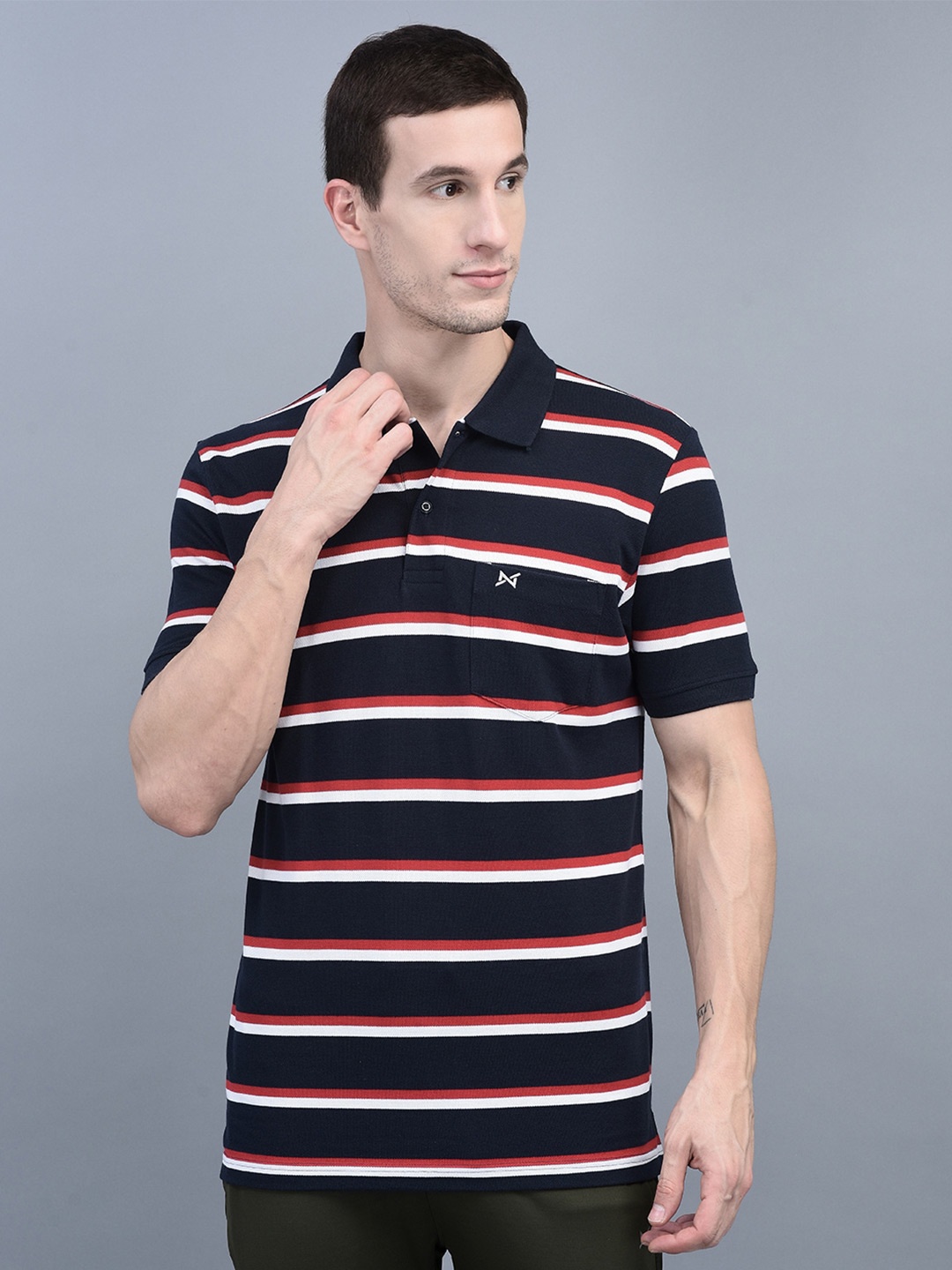

Force NXT Men Striped Super Combed Cotton Polo T-shirt, Navy blue