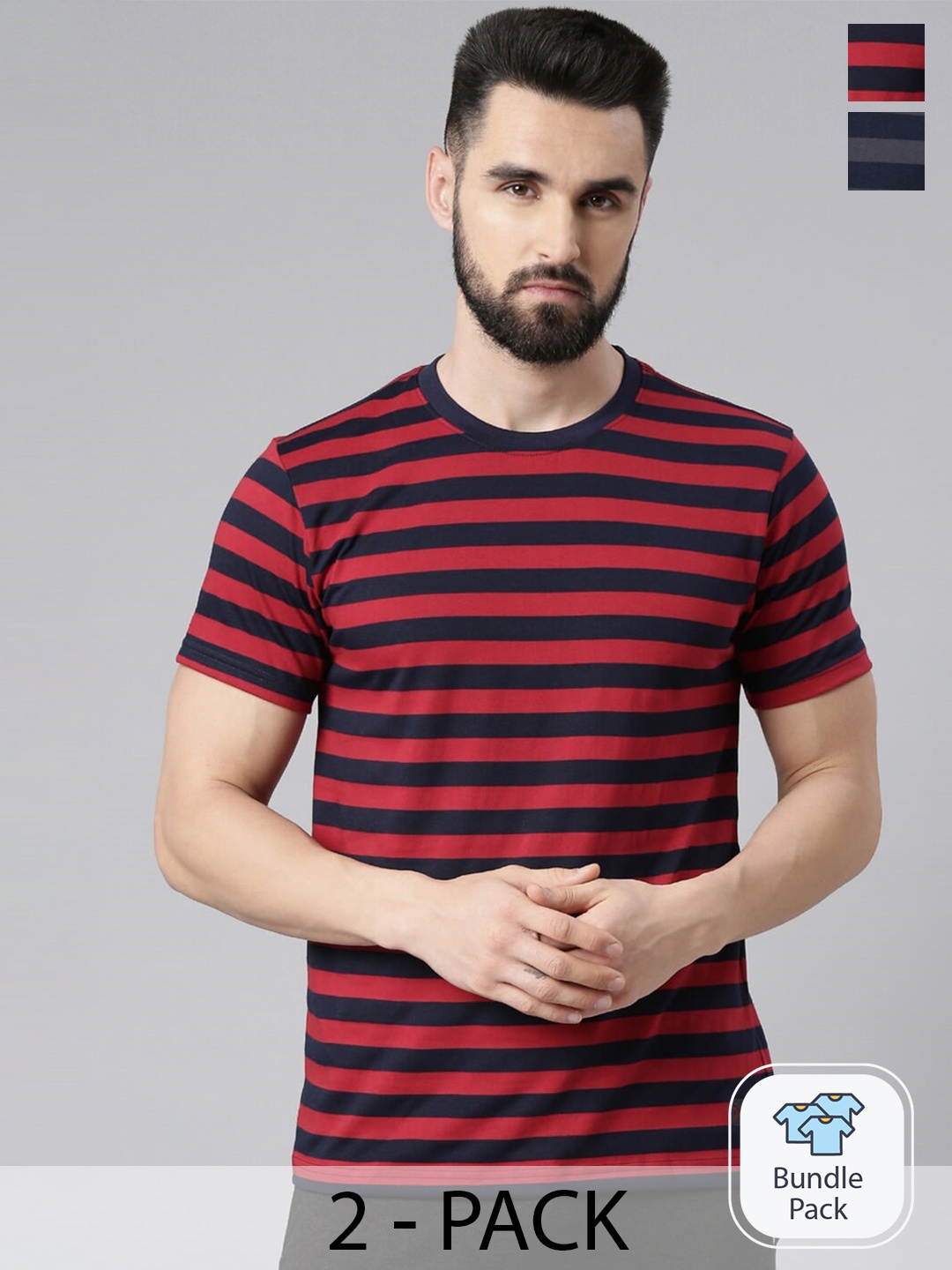 

Force NXT Pack Of 2 Striped Super Combed Cotton T-Shirt, Red