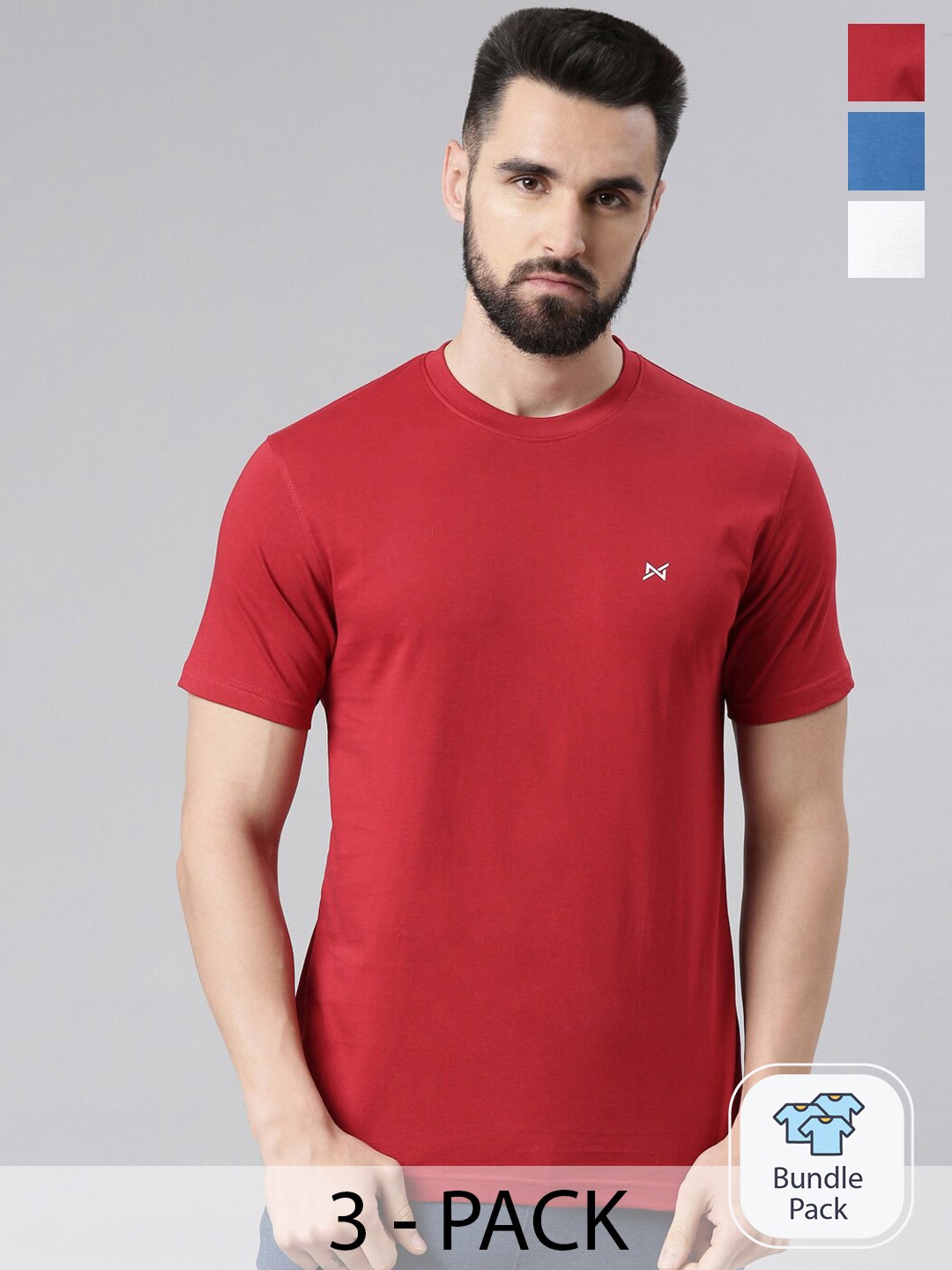 

Force NXT Men Solid Pack of 3 Super Combed Cotton T-Shirt, Red