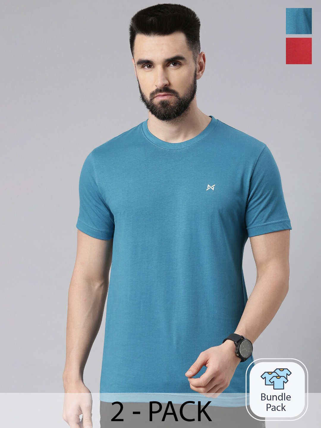 

Force NXT Pack Of 2 Round Neck Super Combed Cotton Casual T-shirt, Blue