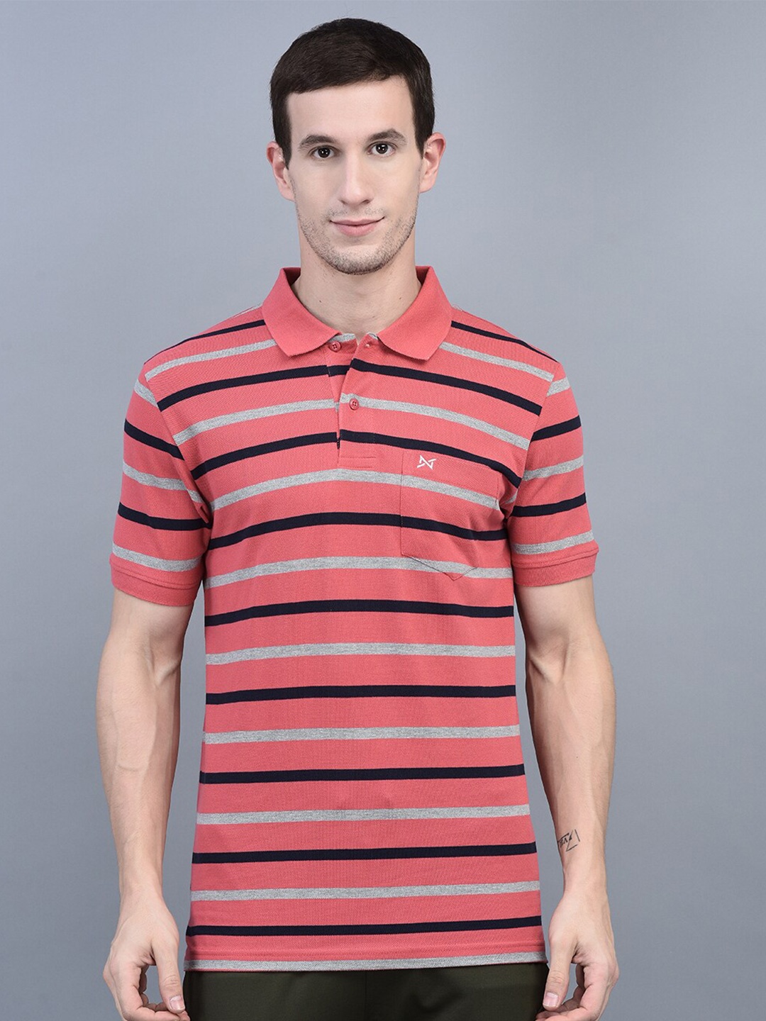 

Force NXT Men Striped Super Combed Cotton Polo T-shirt, Coral
