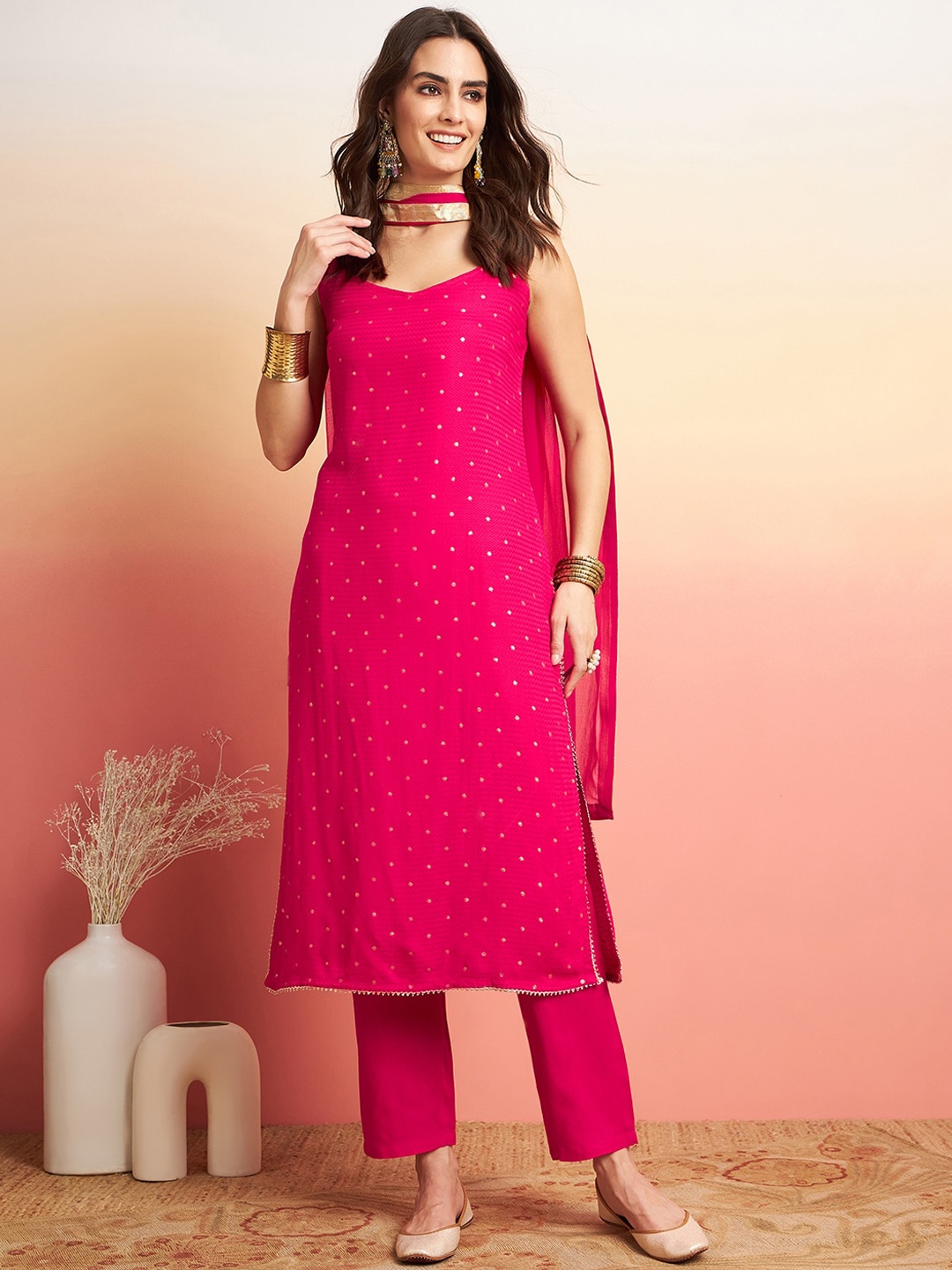 

Sangria Pink Ethnic Motifs Printed Gotta Patti Straight Kurta & Trouser With Dupatta