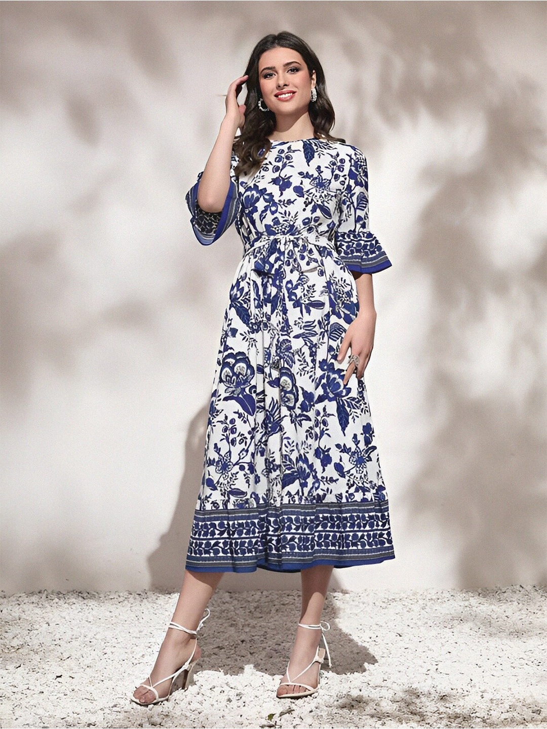 

KALINI Floral Printed Bell Sleeves Cotton Fit and Flare Midi Ethnic Dress, Blue