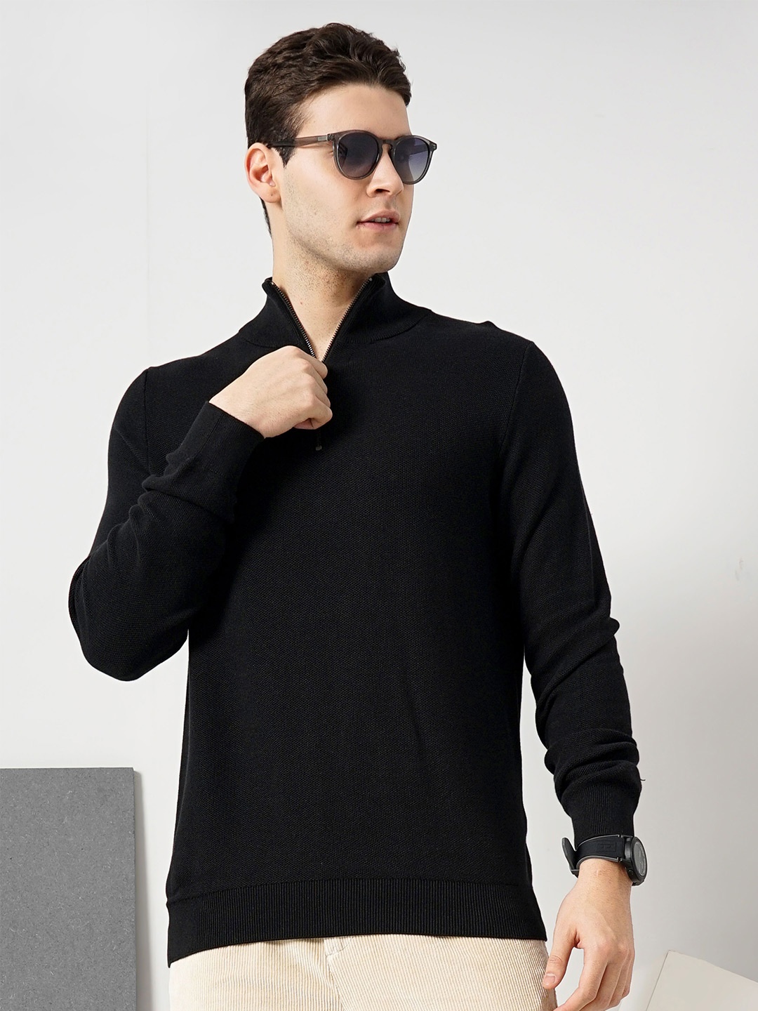 

Celio Mock Collar Pullover Long Sleeves Cotton Pullover Sweater, Black