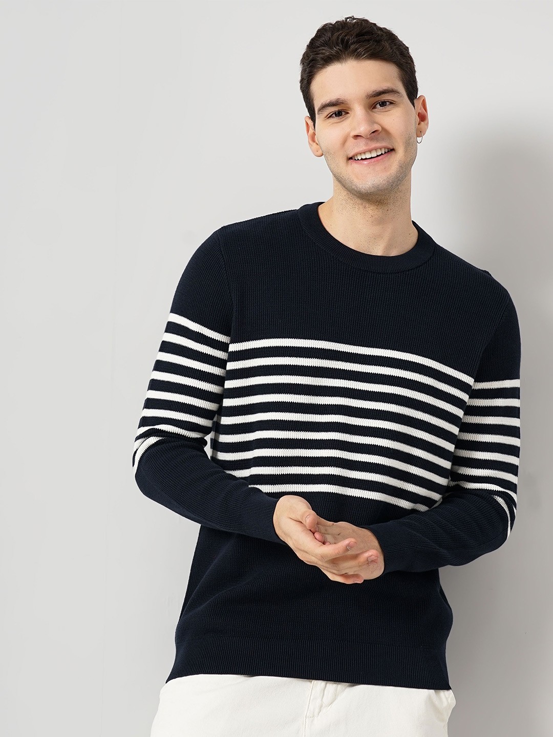 

Celio Striped Cotton Pullover, Navy blue