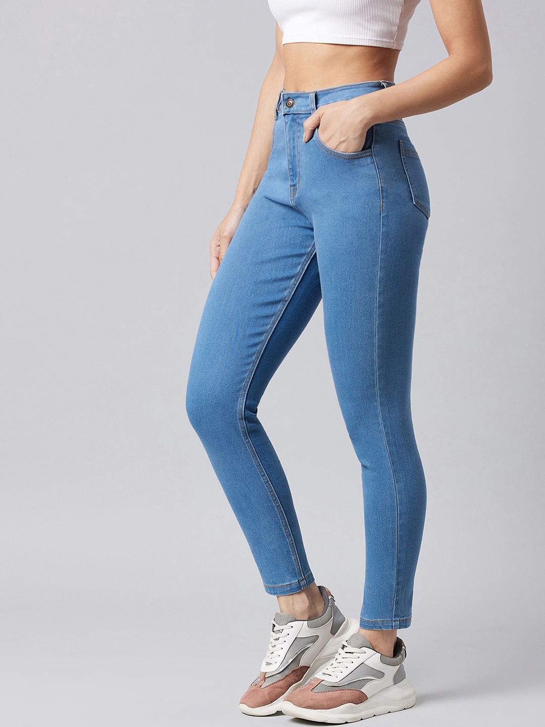 

DressBerry Women's Skinny High Rise Cropped Fringe Detailing Stretchable Denim Jeans, Blue
