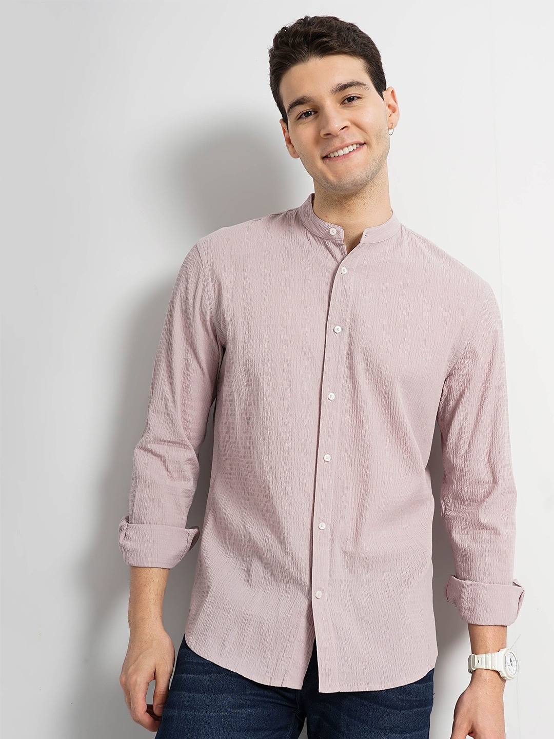 

Celio Classic Mandarin Collar Cotton Casual Shirt, Pink