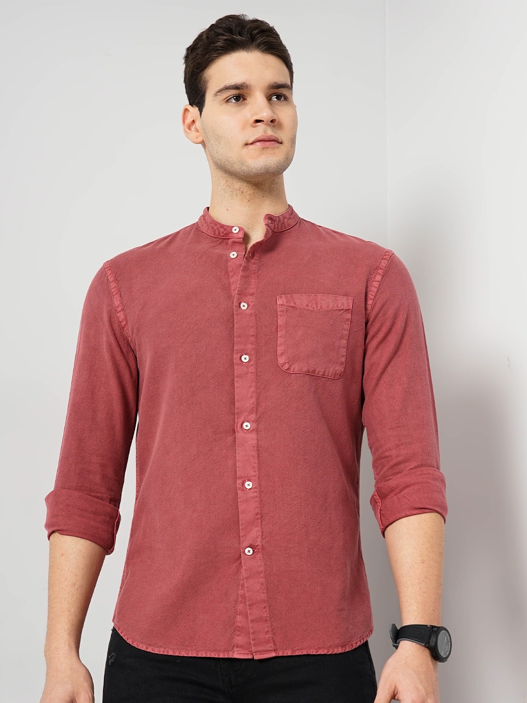 

Celio Classic Self Design Band Collar Cotton Casual Shirt, Rust