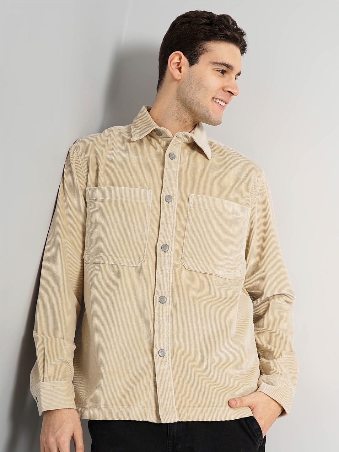 

Celio Classic Self Design Spread Collar Cotton Casual Shirt, Beige