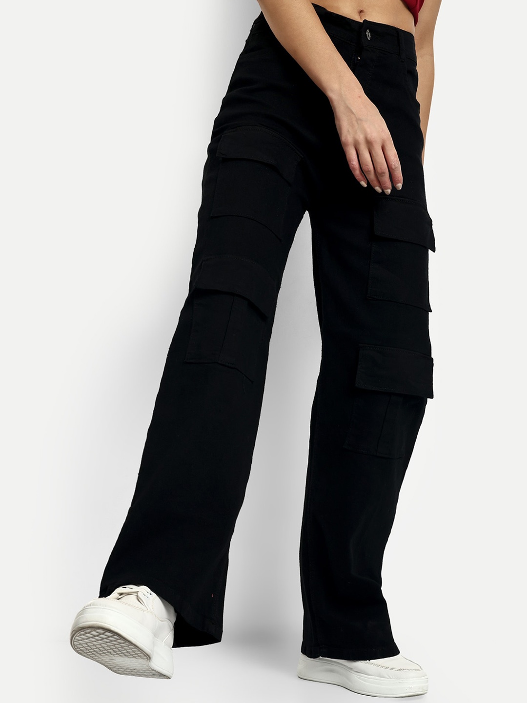 

BROADSTAR Women Smart Wide Leg High-Rise Stretchable Cotton Cargo Jeans, Black