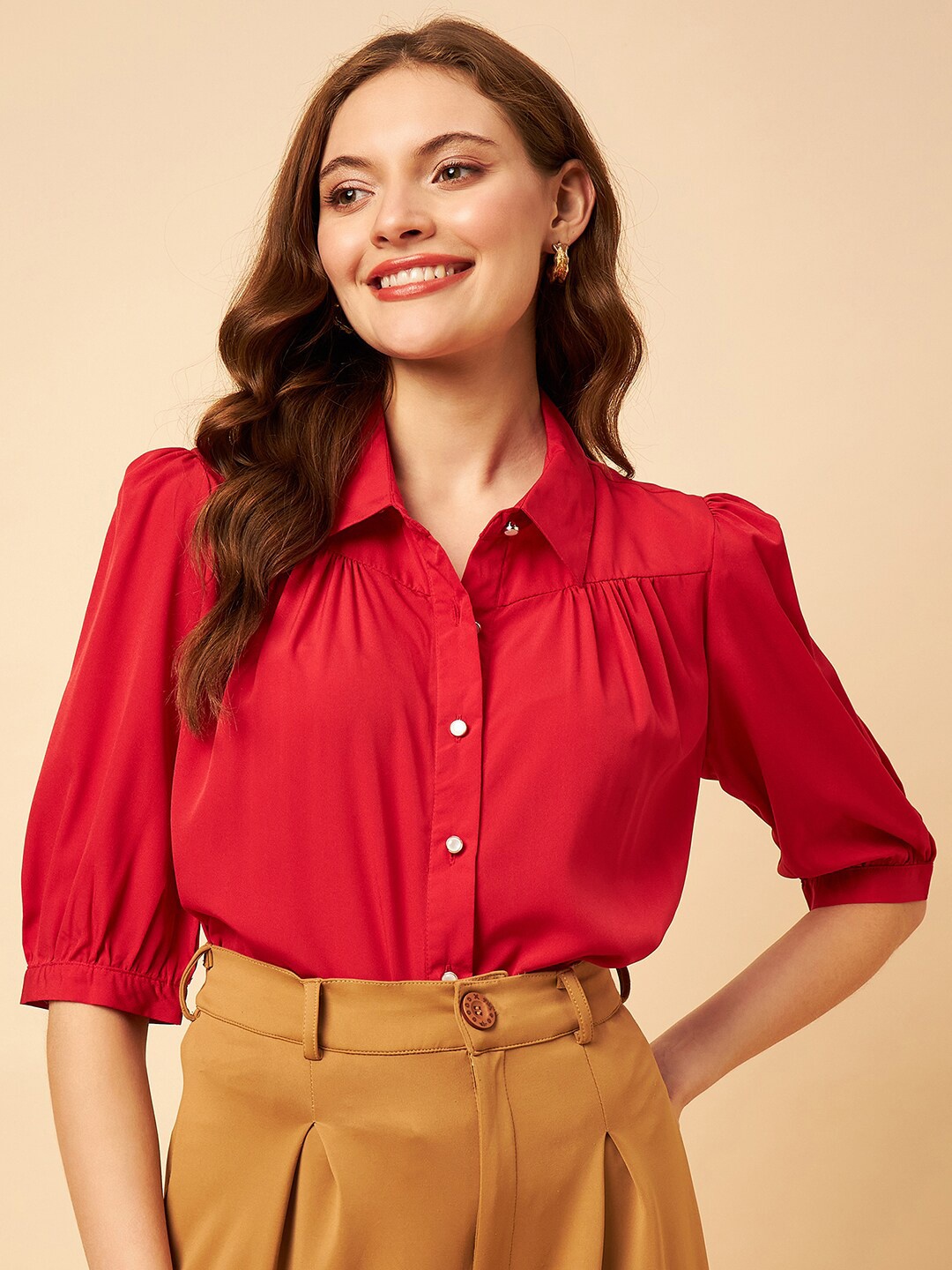 

STYLE BLUSH Puff Sleeve Shirt Style Top, Red