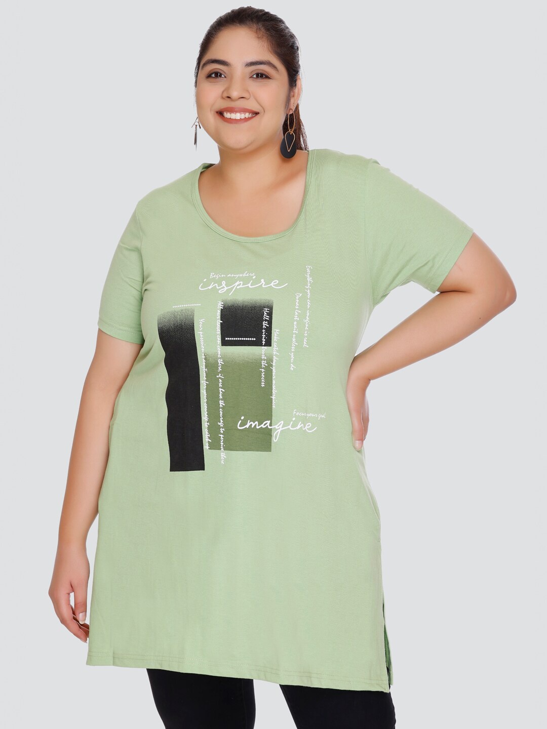 

CUPID Plus Size Typography Printed Cotton Longline Top, Green