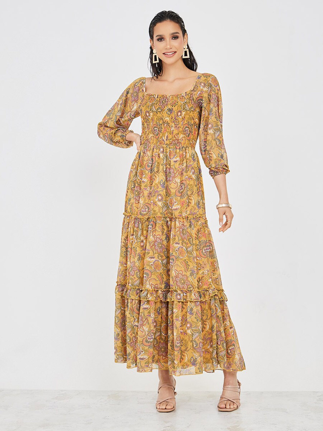 

Styli Yellow Printed Square Neck Puff Sleeve Smocked Detail Tiered Maxi Fit & Flare Dress