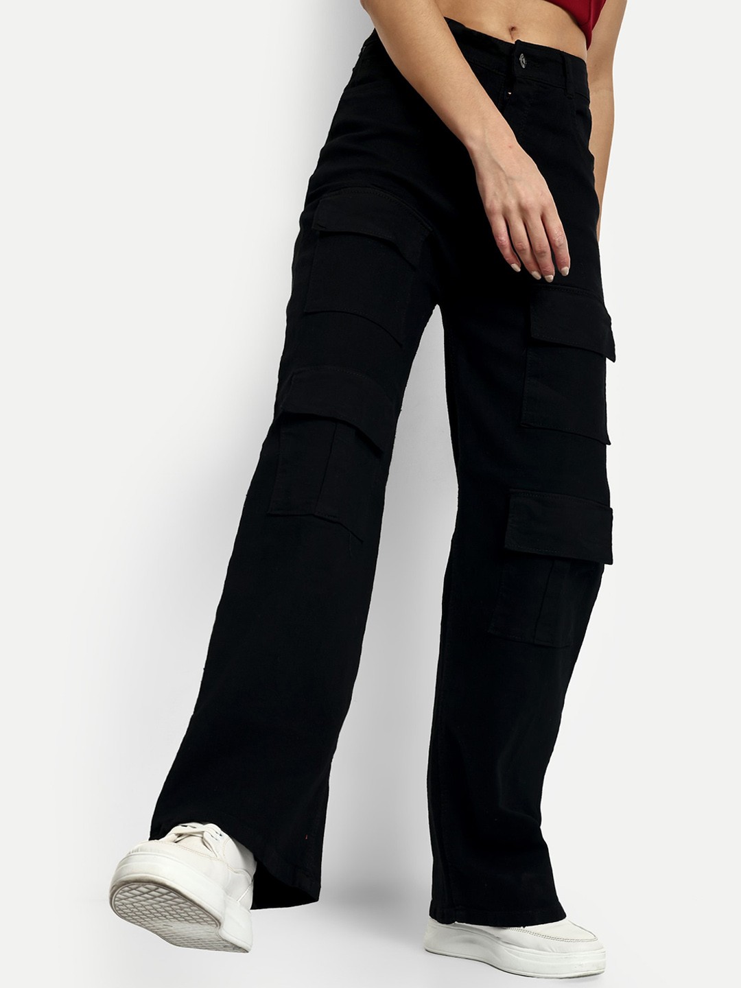 

Next One Women Smart Wide Leg High-Rise Cotton Cargo Jeans, Black