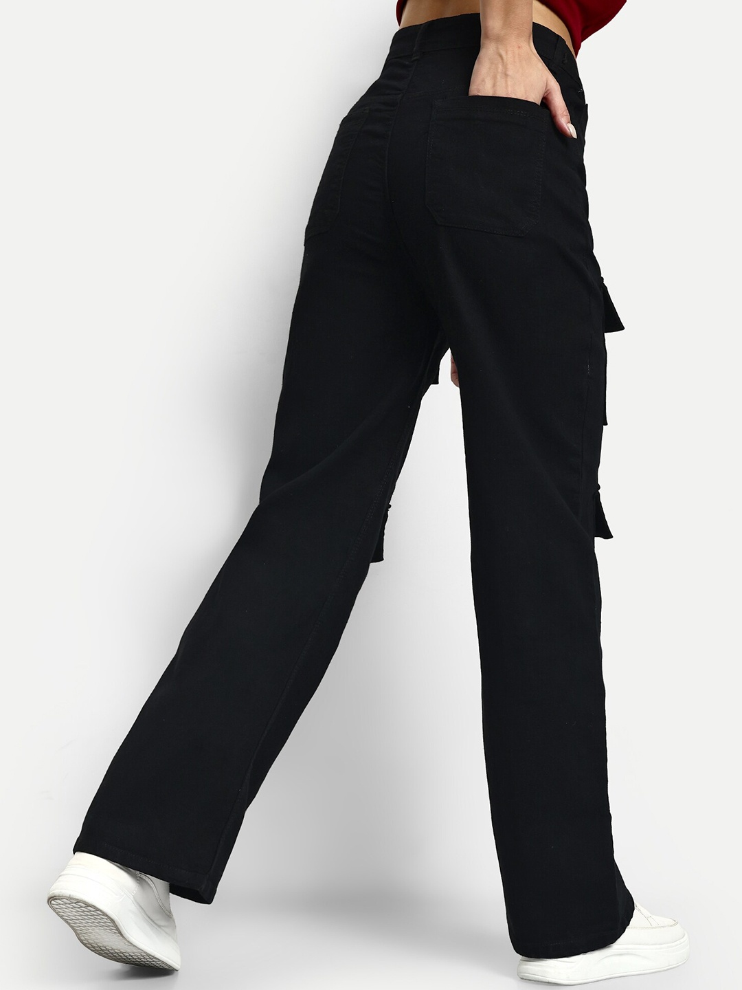 

Next One Women Smart Wide Leg High-Rise Cotton Cargo Jeans, Black