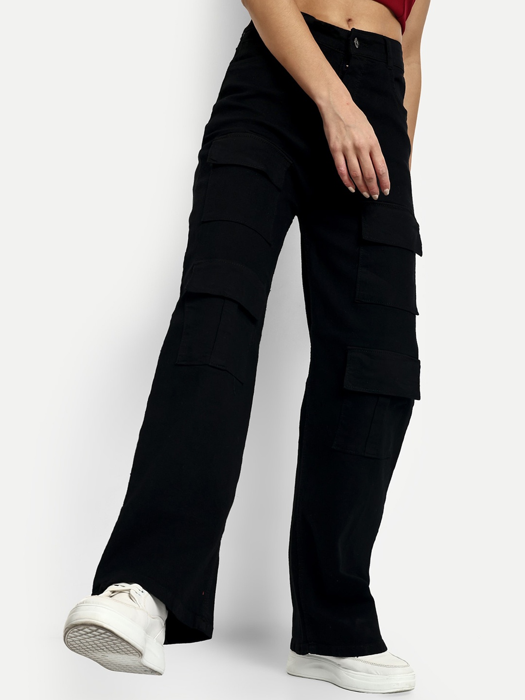 

Next One Women Smart Wide Leg High-Rise Stretchable Cotton Cargo Jeans, Black