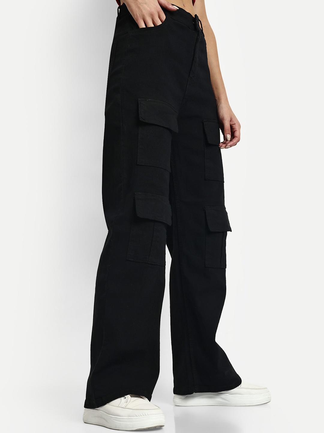 

Next One Women Smart Wide Leg High-Rise Stretchable Cargo Jeans, Black
