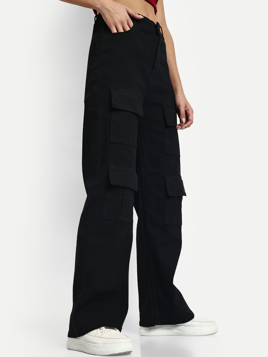 

Next One Women Smart Wide Leg High-Rise Stretchable Denim Cargo, Black