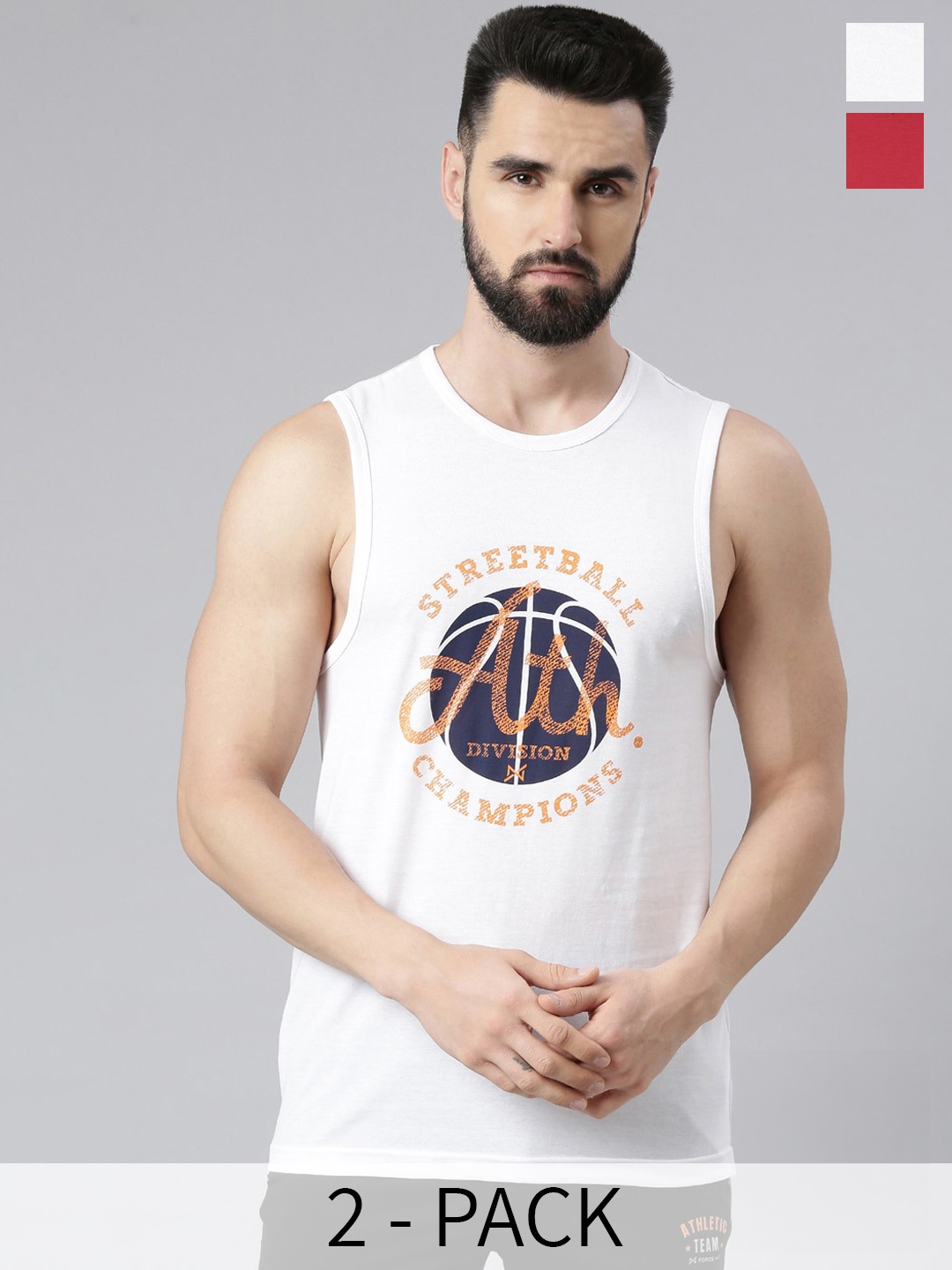 

Force NXT Men Printed Pack of 2 Super Combed Cotton Muscle Tee, White