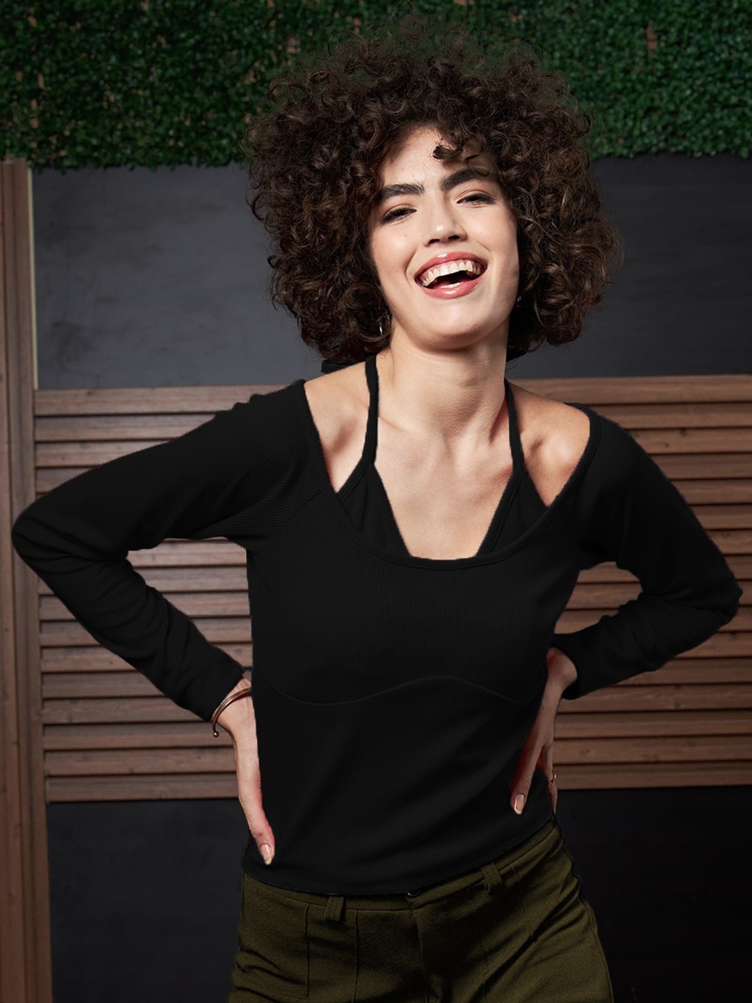

Athena Ribbed Halter Neck Top, Black