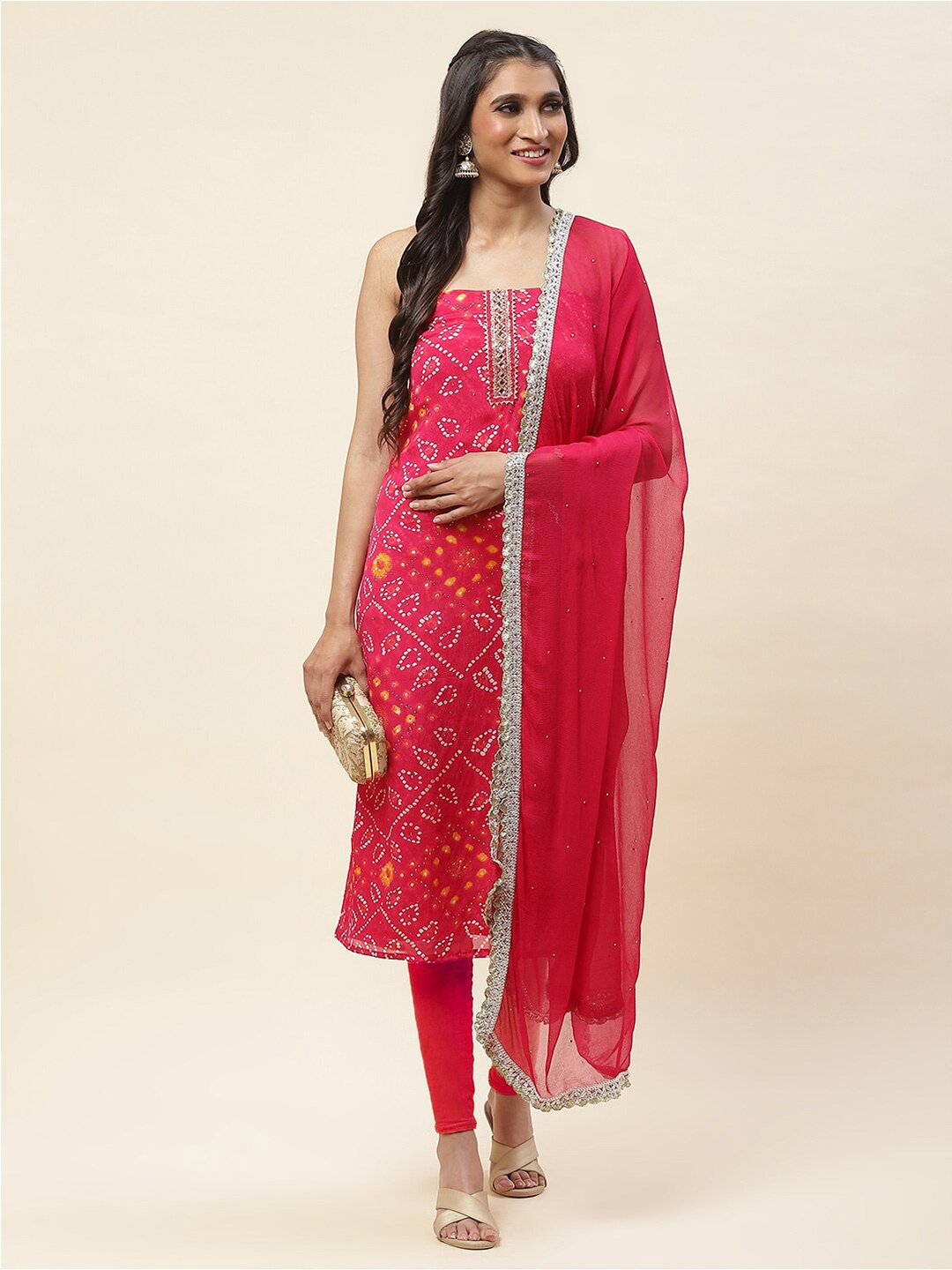 

Meena Bazaar Bandhani Printed Unstitched Dress Material, Pink