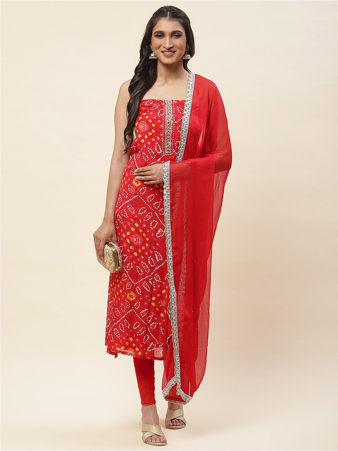 

Meena Bazaar Bandhani Printed Sequinned Unstitched Dress Material, Red