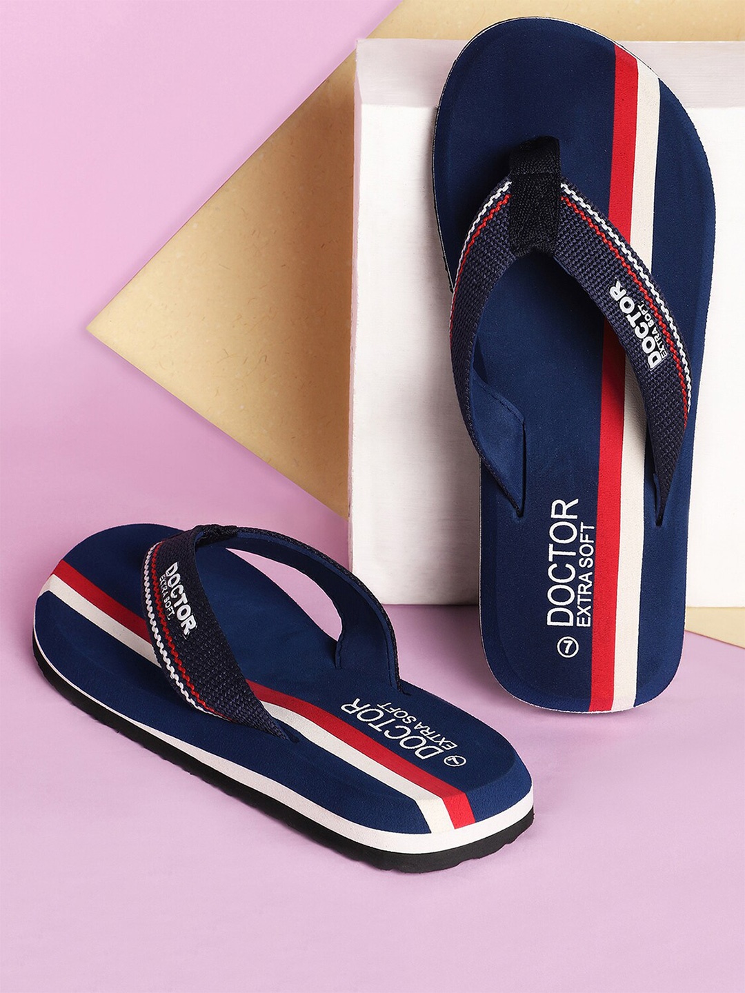 

DOCTOR EXTRA SOFT Men Arrow Striped Orthopedic Thong Flip-Flops, Navy blue