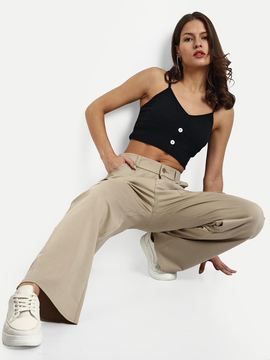 

BROADSTAR Women Smart Straight Fit High-Rise Easy Wash Lyocell Cargos, Beige