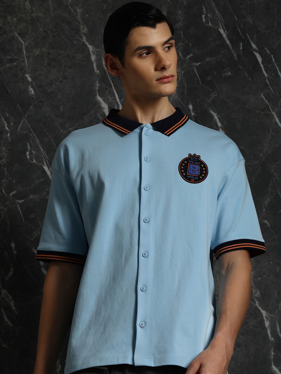 

Breakbounce Blue Applique Detailed Oversized Cotton Casual Shirt