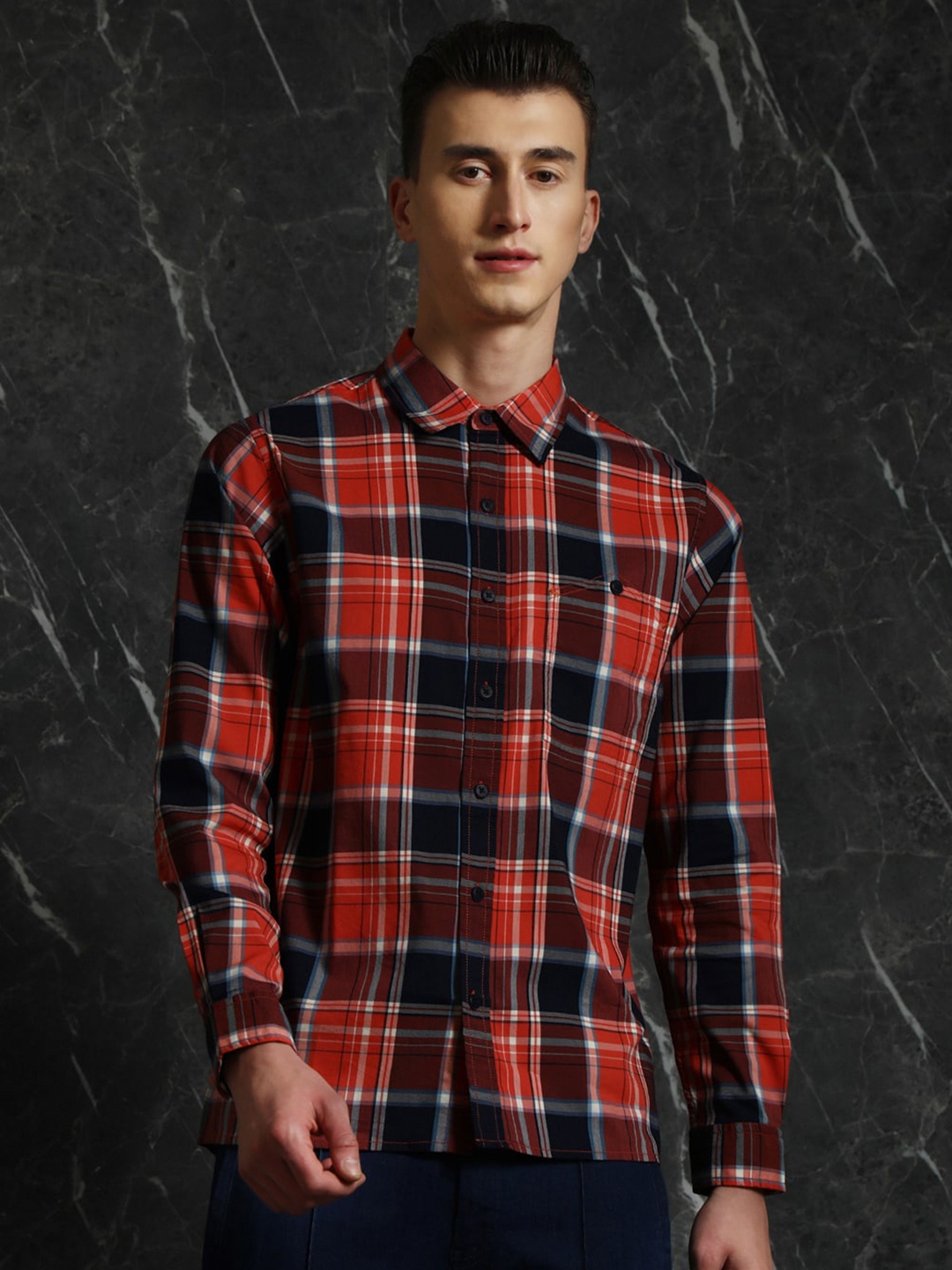 

Breakbounce Orange & Navy Blue Tartan Checks Cotton Casual Shirt
