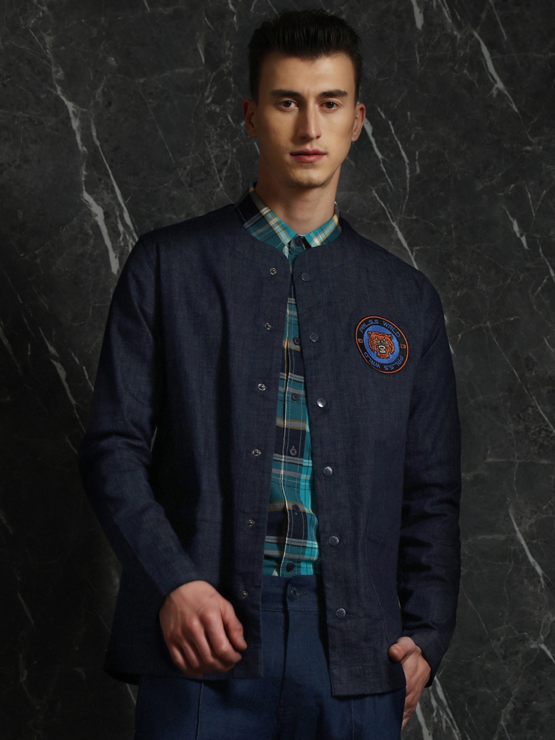 

Breakbounce Blue Mandarin Collar Oversized Denim Casual Shirt