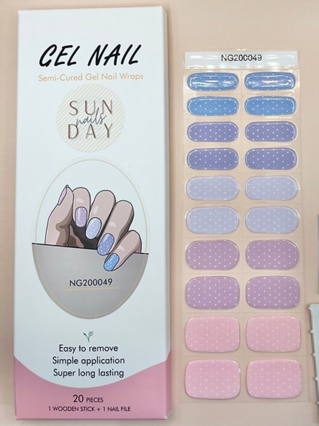 

FEELHIGH 20Pcs Semi Cured Gel Dot Print Nail Polish Strips - Blue-Pink-Purple 49