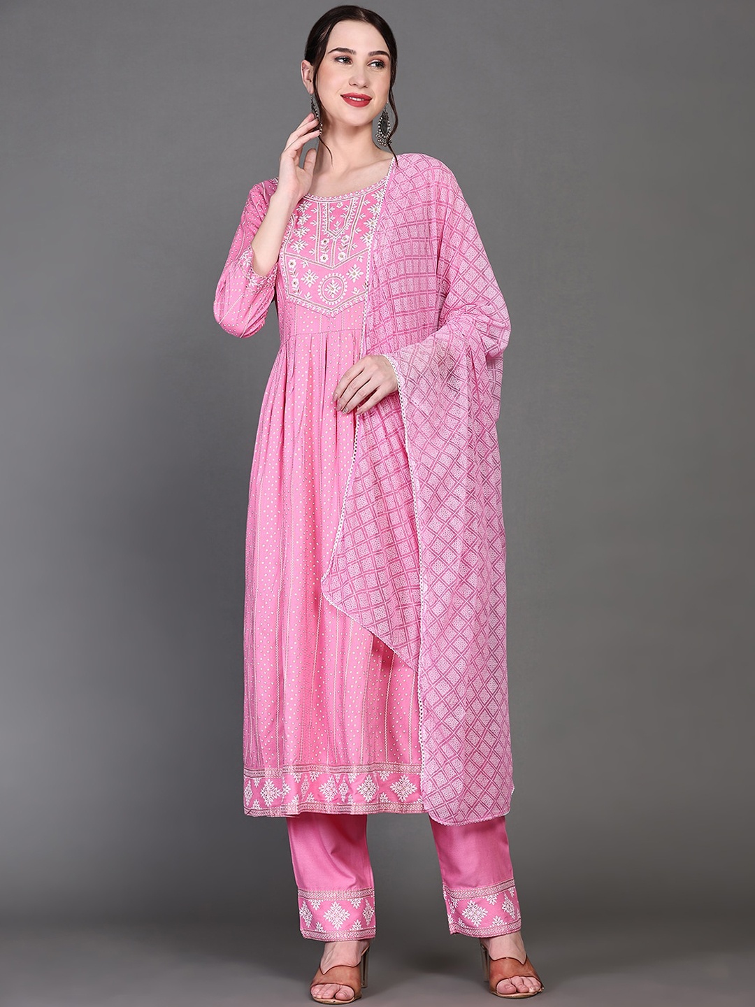 

Ziva Fashion Ethnic Motifs Printed Thread Work A-Line Kurta With Trousers & Dupatta, Pink